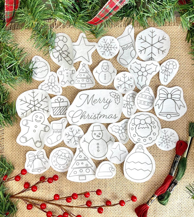 Christmas Embroidery Patterns, stick and stitch snowflake design, DIY ornament, water soluble Stabilizer, peel and stitch embroidery image 1