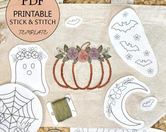 Floral Halloween Embroidery PDF – Printable Stick & Stitch Floral Patterns for Stabilizer | Beginner Hand DIY Embroidery, Instant Download