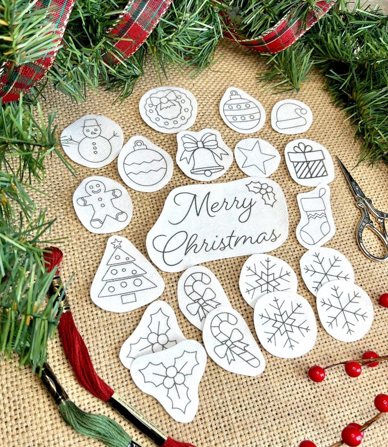 Christmas Embroidery Patterns, stick and stitch snowflake design, DIY ornament, water soluble Stabilizer, peel and stitch embroidery image 9