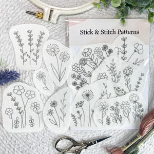 Hand Embroidery Wild Flower Patterns, water soluble Stabilizer transfer kit, peel and stick, floral stick and stitch designs, wash away