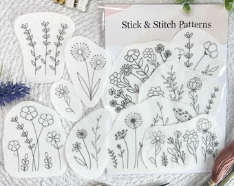 Hand Embroidery Wild Flower Patterns, water soluble Stabilizer transfer kit, peel and stick, floral stick and stitch designs, wash away
