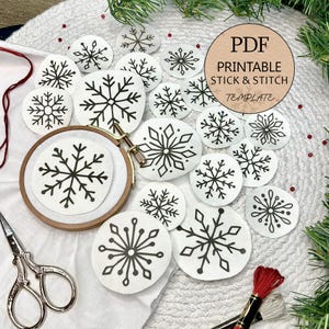 Snowflake Embroidery Printable Stick and Stitch Winter Patterns, PDF snowflake ornament, water soluble stabilizer, peel and stick embroidery