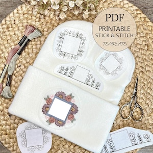 Floral Stick and Stitch Embroidery PDF Patterns for Beanie Logo Border – Botanical Outline Designs for DIY Embellishment | Instant Download