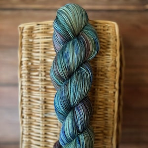 FORAGE - hand-dyed yarn, superwash merino yarn, fingering weight sock yarn, speckled yarn, 75/25 wool nylon yarn, green blue brown yarn