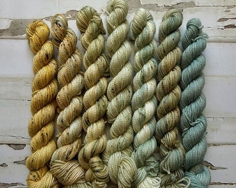 SAGE AND GOLD - hand-dyed yarn, mini skeins, fingering weight yarn, 80/20 yarn, 2-ply sock yarn, speckled yarn, superwash merino wool nylon