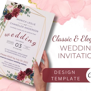 Burgundy, Navy, and Gold Wedding Invitation Template: Editable with Printing Options in Canva