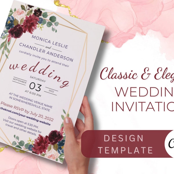 Burgundy, Navy, and Gold Wedding Invitation Template: Editable with Printing Options in Canva