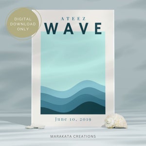 Może przedstawiać: Cyfrowy druk do pobrania przedstawiający abstrakcyjny wzór fal w kolorze niebieskim i turkusowym z tekstem "ATEEZ WAVE" i "June 10, 2019" oraz tekstem "MARAKATA CREATIONS" na dole.