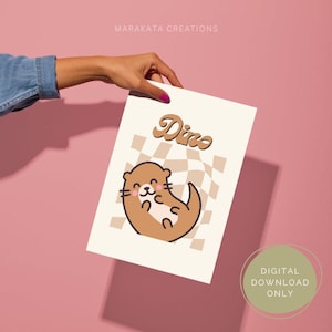 May include: Digital printable featuring a cute cartoon otter with the name "Dino" in a retro font on a checkered background.