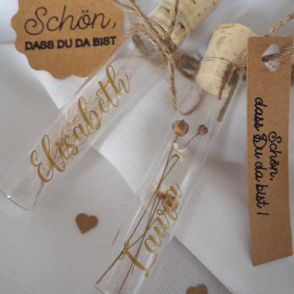 Namensschildchen | personalisierte Platzkarte | Namensschild |Gastgeschenk | Geschenk |  Hochzeit | Trockenblumen im Glas Reagenzglas