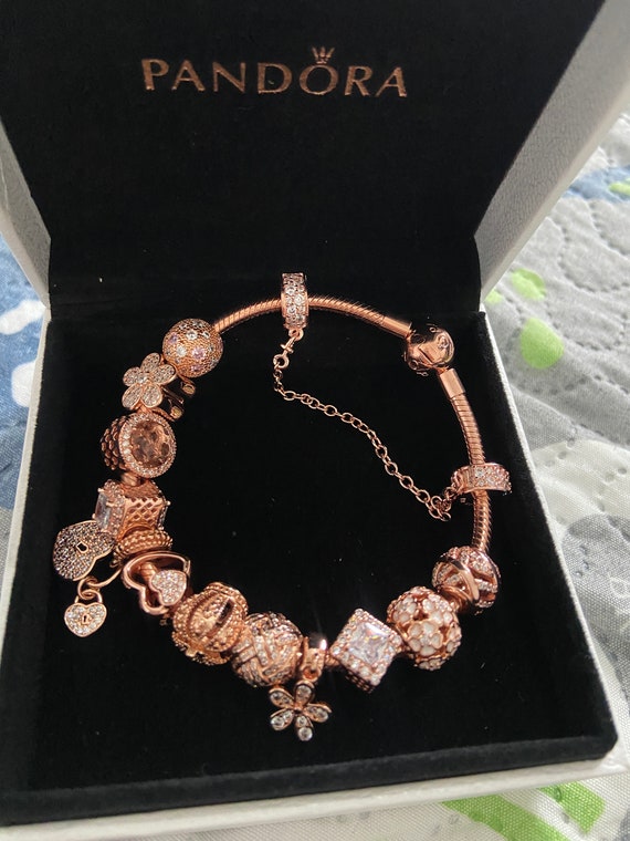 Authentic Pandora SSilver Rose Gold Charm Bracelet & European Charms Beads  7.5