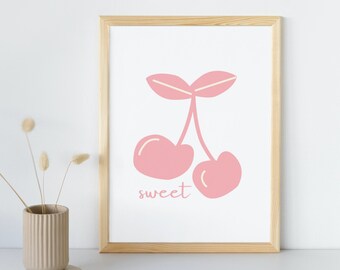 Cherry Cute Art Print Minimalistische moderne kunst voor keuken kunst voor kwekerij kunst voor slaapkamer digitale download roze kunst voor haar fruit art print