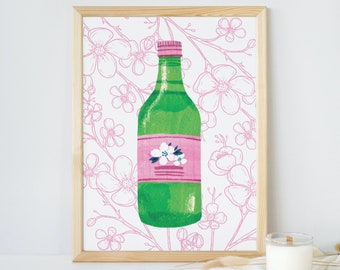 Keuken Art Bar Cart Art Drankjes Kunst voor haar Girly Floral Print Flower Art Sake Japanse Kunst Leuke Roze Kunst Groene Kawaii Cherry Blossoms Kleur