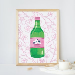 Kitchen Art Bar Cart Art Drinks Art for Her Girly Floral Print Flower Art Sake Japanese Art Cute Pink Art Green Kawaii Cherry Blossoms Color