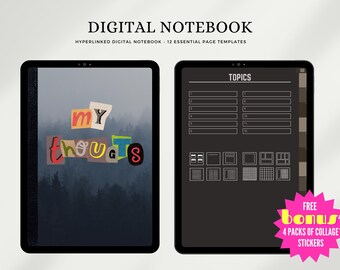 Dark Mode Digital Hyperlinked Notebook with Tabs | 12 Section Undated Journal | Portrait | Lined, Grid | Goodnotes, Notability