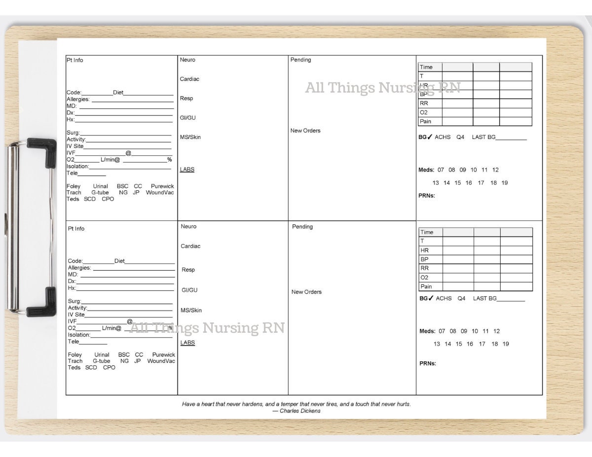 Med/surg/tele Nursing Report Sheet 2 Patients Horizontal Etsy