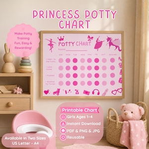 Peut inclure: Un tableau de propreté rose intitulé Princess Potty Chart avec une grille pour suivre les habitudes quotidiennes comme l'utilisation du pot, le papier, la chasse d'eau et le lavage des mains. Il présente des illustrations de ballerine et licorne.