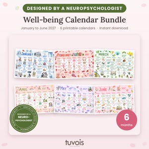 Könnte beinhalten: Ein Wohlfühl-Kalender-Set mit sechs druckbaren Monatskalendern von Januar bis Juni 2027. Jede Seite enthält farbenfrohe Illustrationen und Texte, die von einem Neuropsychologen entworfen wurden, um tägliche Aktivitäten zu verfolgen.