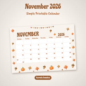 November 2026 Kalender Utskrivbar, Enkel Höst Tom Månadsplanerare, Grundläggande Höst Väggkalender PDF