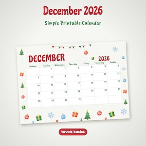 December 2026 Calendar Printable, Simple Christmas Blank Monthly Planner, Basic Winter Wall Calendar PDF