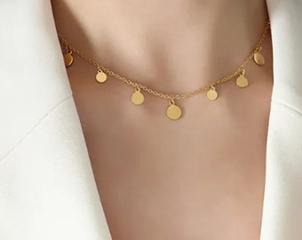 Collier ras de cou, collier en acier inoxydable doré pampilles rondes, chaînes billes ras de cou pendentif rond, bijoux collier femme