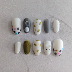 Totoro Inspired Press On Nails | Minimalist Ghibli Nails | Glitter Star Nails | Gold Foil Nails | Matte Nails