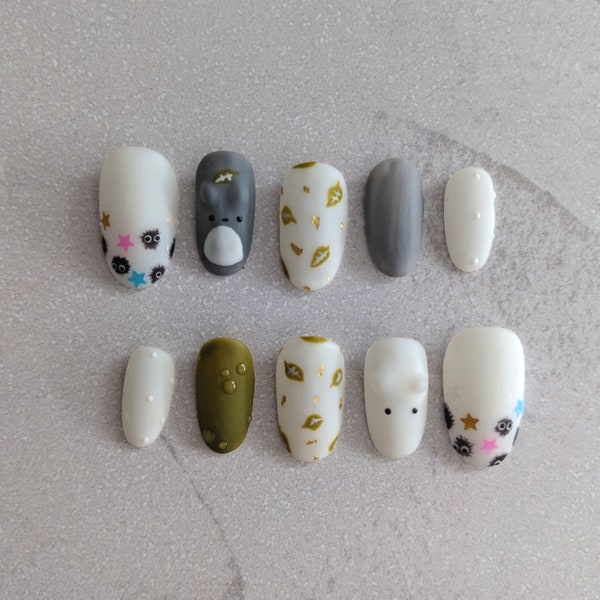 Totoro Inspired Press On Nails | Minimalist Ghibli Nails | Glitter Star Nails | Gold Foil Nails | Matte Nails