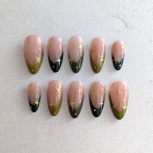 Green French Tip Celestial Press On Nails | Minimalistic French Tip Nails | Gold Stars Nails