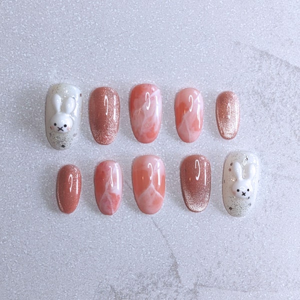 Glitter Rabbit Press On Nails | Peach Marble Nails | Peach Velvet Nails