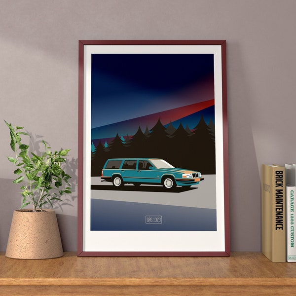 Volvo 940 Wagon Auto Nacht Nordlicht Digitales Poster, Vektor Illustration, Wandkunst, bereit für den Druck, Petrolhead Geschenk, Geschenk, Blau