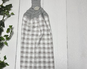Toalla de cocina a cuadros grises: algodón tejido a ganchillo con borde festoneado.