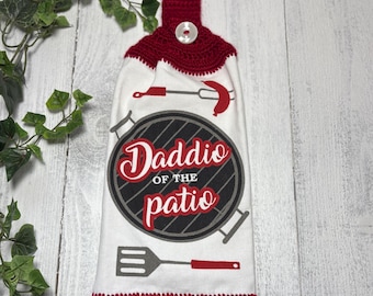 Toalla de cocina colgante, parte superior de crochet, borde festoneado, decoración para la puerta del horno