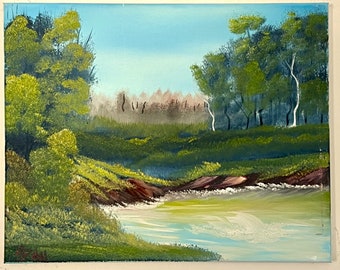 Pintura al óleo de paisaje estilo Bob Ross sobre lienzo: arte mural natural original de 16 x 20 cm, hecho a mano.