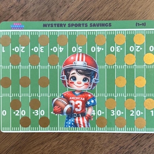 May include: A green and white football field with gold circles. A cartoon football player wearing a red, white, and blue uniform is holding a football. The text "Mystery Sports Savings (1-9)" is at the top of the card.
