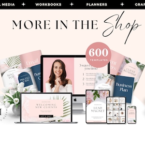 May include: A collection of digital products for business owners, including social media templates, workbooks, planners, and graphics. The image features a laptop, tablet, and phone displaying various templates, along with a pink circle with the text "600 Templates".