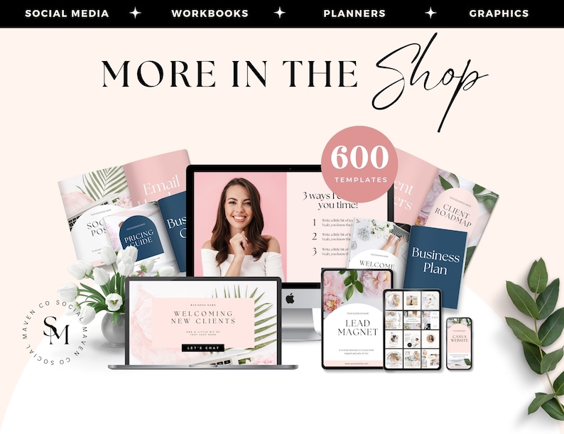 May include: A collection of digital products for business owners, including social media templates, workbooks, planners, and graphics. The image features a laptop, tablet, and phone displaying various templates, along with a pink circle with the text "600 Templates".