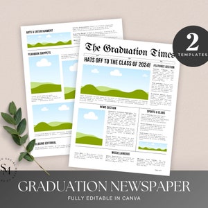 Canva 卒業新聞テンプレート、卒業発表、編集可能な新聞卒業生、シニア卒業新聞、即時ダウンロード