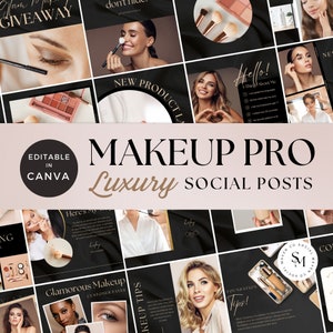 Paquete de plantillas de Instagram para artistas de maquillaje, plantilla de maquillaje Canva, negro y dorado, publicación de Instagram de maquillaje, plantillas de salón de belleza, marca de maquillaje