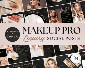 Makeup Artist Instagram Template Pack, Canva Makeup Template, Black & Gold, Makeup Instagram Post, Beauty Salon Templates, Makeup Branding