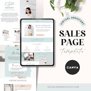 Canva Sales Page Template for Virtual Assistants, Mint Green, Canva Website Template, Instant Download, Social Media Manager, VA Templates