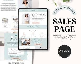 Plantilla de página de ventas de Canva para asistentes virtuales, verde menta, plantilla de sitio web de Canva, descarga instantánea, administrador de redes sociales, plantillas de asistente virtual