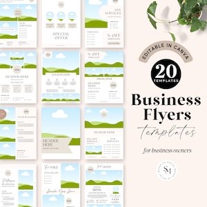 May include: A set of 20 editable business flyer templates in Canva. The templates feature a green and brown color scheme with a nature theme. The text "Business Flyers Templates" is displayed in a large font size. The text "for business owners" is displayed in a smaller font size below the main text. The text "Editable in Canva" is displayed in a circle with a brown background. The text "20 Templates" is displayed in a circle with a black background.