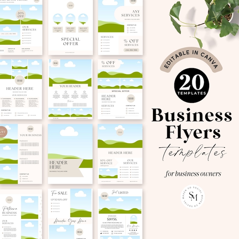 May include: A set of 20 editable business flyer templates in Canva. The templates feature a green and brown color scheme with a nature theme. The text "Business Flyers Templates" is displayed in a large font size. The text "for business owners" is displayed in a smaller font size below the main text. The text "Editable in Canva" is displayed in a circle with a brown background. The text "20 Templates" is displayed in a circle with a black background.