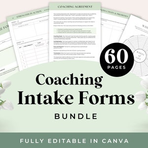 Coaching Intake Forms | 60 Green Coach Canva Templates | Coach Worksheets | Client Agreement Action Plan | Wheel of Life