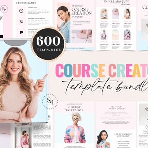 May include: A colourful graphic design for a course creator template bundle. The design features a woman smiling and pointing to the text "COURSE CREATOR Template Bundle". The text is in a rainbow of colours. The design also includes several other templates for a business plan, course creation planner, course plan worksheet, and more.