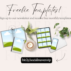 Pode incluir: Uma maquete de um tablet e um telefone exibindo um modelo de design de paisagem verde e azul. O texto "Freebie Templates!" est&aacute; no topo da imagem. O texto "Sign up to our newsletter and receive free monthly templates!" est&aacute; abaixo do t&iacute;tulo. O texto "bit.ly/socialmavenvip" est&aacute; na parte inferior da imagem.
