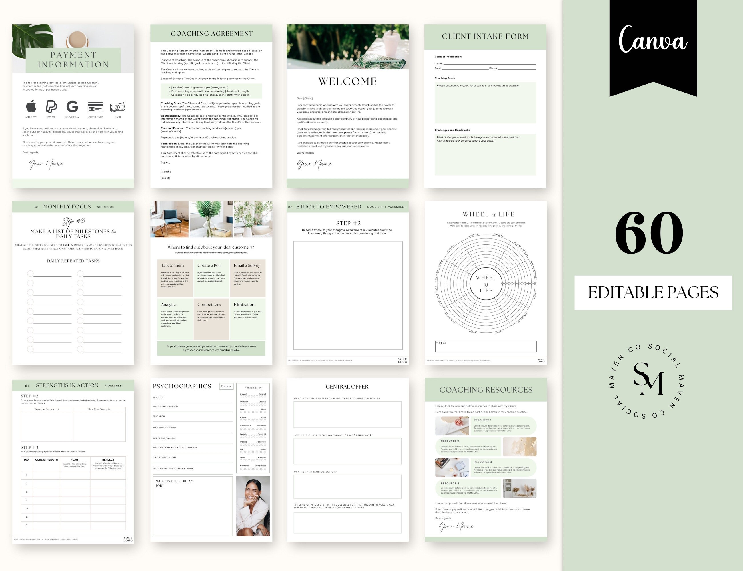 Coaching Intake Forms | 60 Green Coach Canva Templates | Coach ...