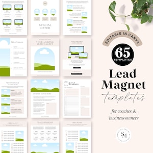 May include: A set of 65 editable Canva templates for lead magnets. The templates feature a green and blue landscape design with clouds. The text "Lead Magnet Templates" is in black and white with a green and blue landscape design in the background. The text "for coaches & business owners" is in black and white.