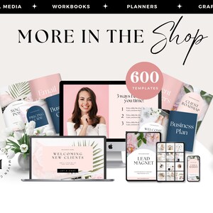 Pode incluir: Uma cole&ccedil;&atilde;o de produtos digitais para m&iacute;dia social, incluindo modelos para postagens de m&iacute;dia social, marketing por e-mail, &iacute;m&atilde;s de leads e planejamento de neg&oacute;cios. A imagem mostra um laptop, um tablet e um telefone exibindo v&aacute;rios modelos com designs florais rosa e branco. O texto "600 Modelos" &eacute; vis&iacute;vel em um c&iacute;rculo rosa.