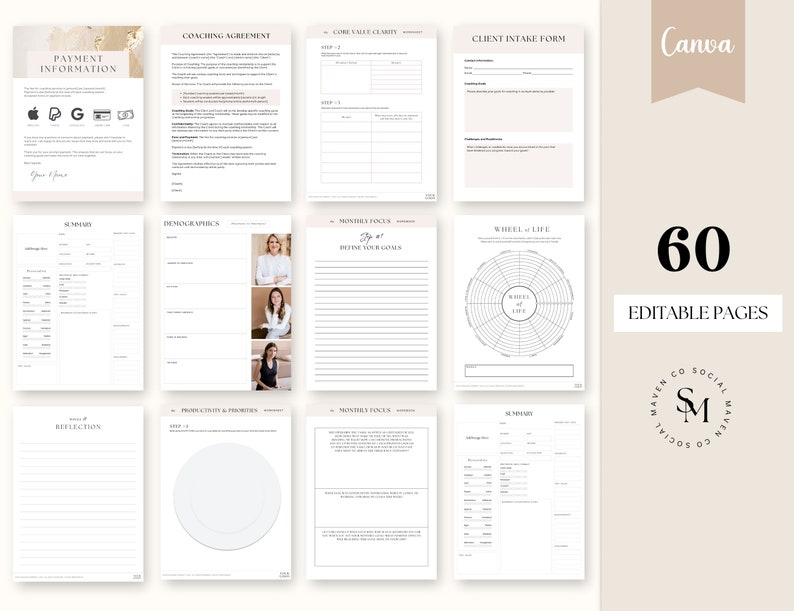 client intake forms, coaching template, coach intake forms, 60 editable Canva templates.